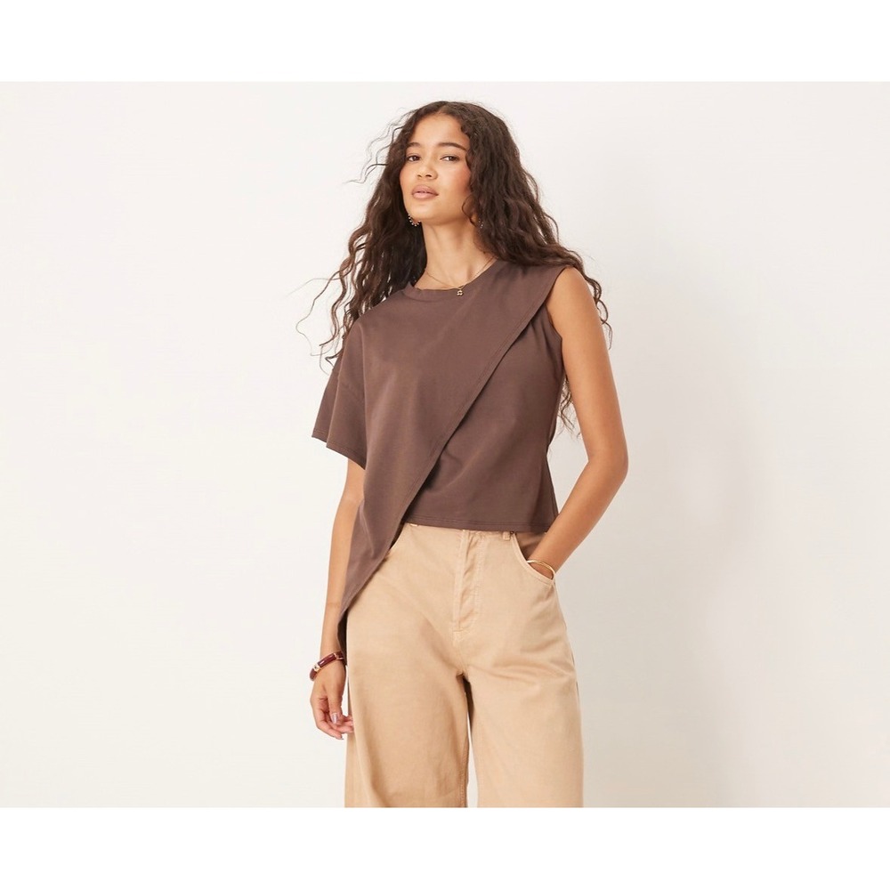 ASOS DESIGN One Sleeve T-Shirt Women's Small Drape Detail Brown Cotton